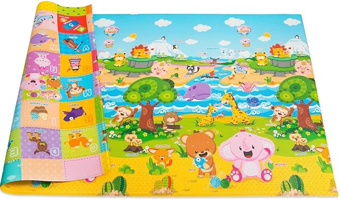 Baby Care Play Mat (Medium, Playful - Pinko & Friend) 73’’ x 49’’ Original One-Piece Reversible Rollable Waterproof Play Mat for Infants, Babies, Toddler, and Kids-CubbioJoy