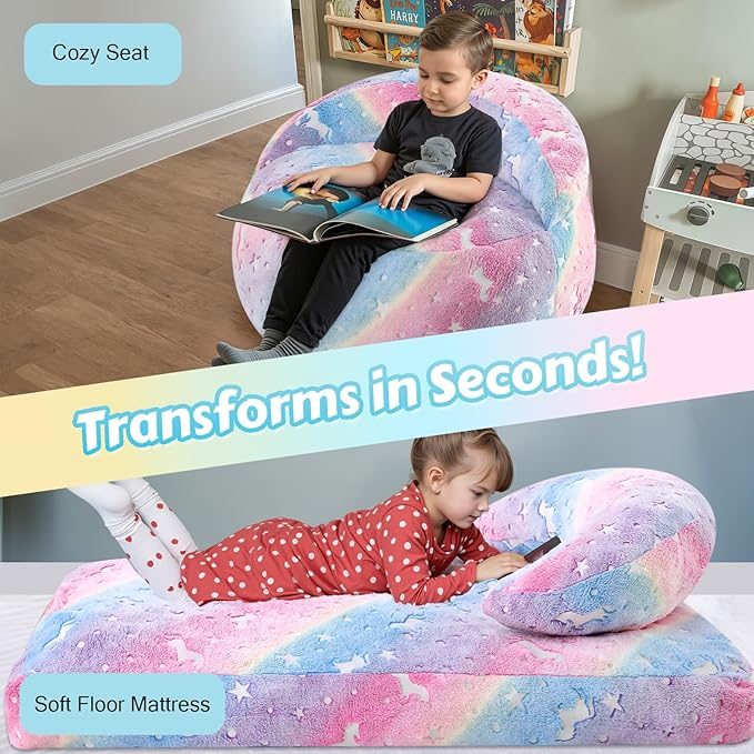 COMAX Bean Bag Chair for Kids, Convertible Toddler Beanbag Bed Unicorn, Children Bean Chair Stuffed to Floor Mattress with Filler, Growing Colorful Rainbow-CubbioJoy