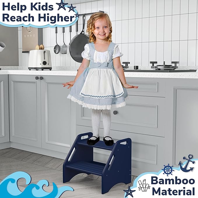 AMBIRD Wooden Step Stool, Two Step Stools Toddler 300 lbs Capacity with Safety Non-Slip Pads and Handles, Bamboo Step Stool for Bathroom, Kitchen Dual Height Step Stools for Kids (Navy Blue)-CubbioJoy