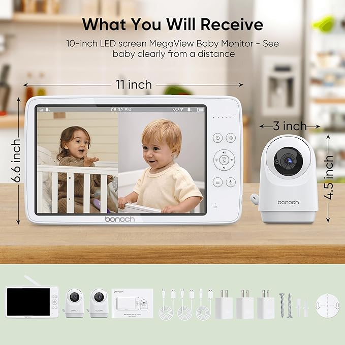 bonoch MegaView Baby Monitor, 10" Video Monitor with 2 Cameras, 10000mAh Battery, Quad Split Screen Baby Monitor with Camera and Audio, VOX Mode, Auto Night Vision, Remote PTZ, Hack Proof-CubbioJoy