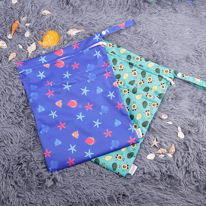 ALVABABY 2pcs Cloth Diaper Wet Dry Bags Waterproof Reusable with Two Zippered Pockets Travel Beach Pool Daycare Soiled Baby Items Yoga Gym Bag for Swimsuits or Wet Clothes LZX4344-CubbioJoy