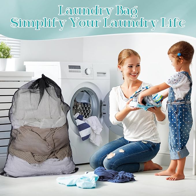 Aliceset 4 Pcs 24 x 36 Inches Mesh Laundry Bags with Drawstring Black Heavy Duty Mesh Laundry Bag with Handles Machine Washable Sheet for College Dormitory Family and Apartment Dwellers-CubbioJoy
