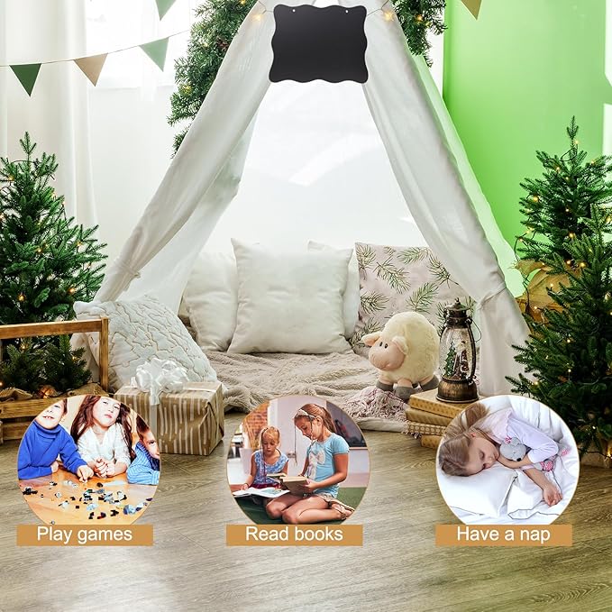 6 Pcs Kids Teepee Tent Bulk with Light String Inflatable Airbed Bedding Fitted Sheet and Markeable Small Blackboards for Boys Girls Indoor Outdoor Slumber Party (White)-CubbioJoy