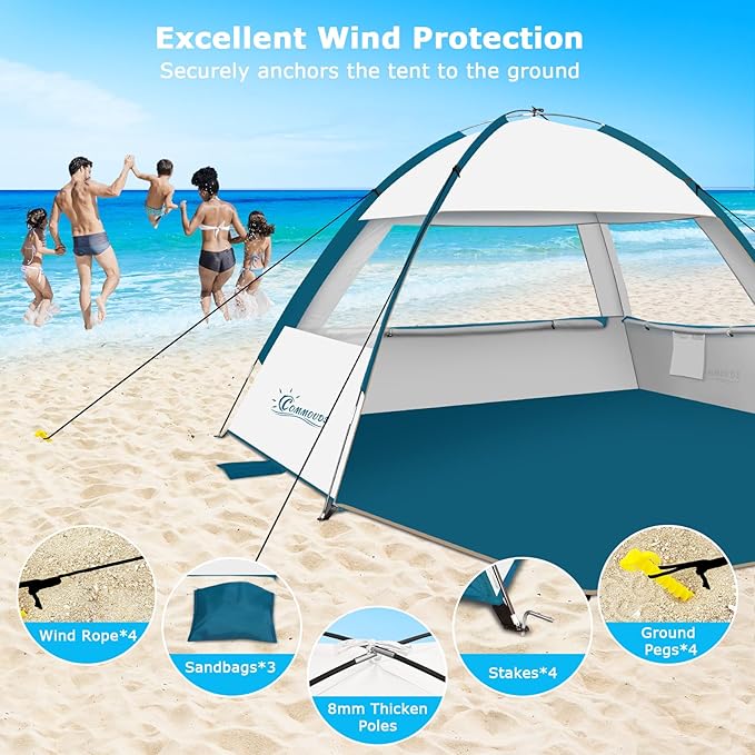 COMMOUDS Beach Tent Sun Shade for 3/4-5/6-7/8-10 Person, UPF 50+ Beach Sun Shelter Canopy Tent, Lightweight, Easy Set Up and Carry-CubbioJoy