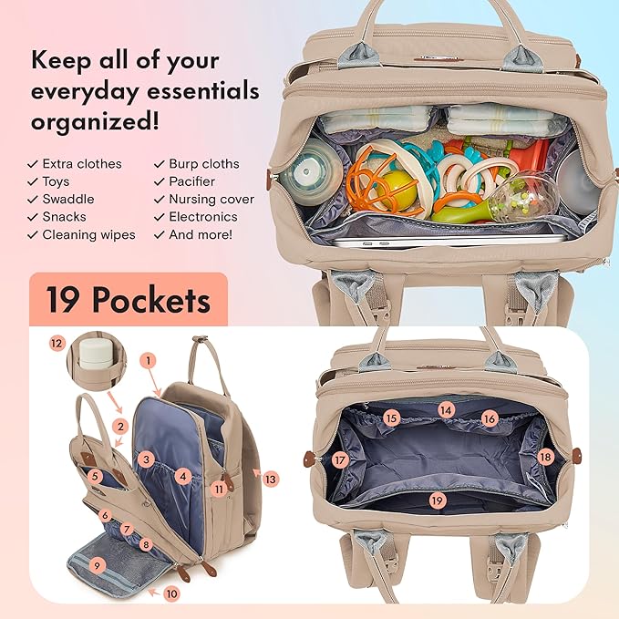 Dikaslon Diaper Bag Backpack with Portable Changing Pad, Pacifier Case and Stroller Straps, Large Unisex Baby Bags for Boys Girls, Multipurpose Travel Back Pack for Moms Dads, Milk Tea Khaki-CubbioJoy