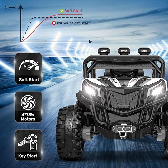 ANPABO 24V 4X4 Ride on Car Truck w/Remote Control, 4WD/2WD Switchable Kids UTV, 19" Spacious Seat, 4 Shock Absorbers, Soft Start, Music Player, Electric Car for Kids Ages 3+(White)-CubbioJoy
