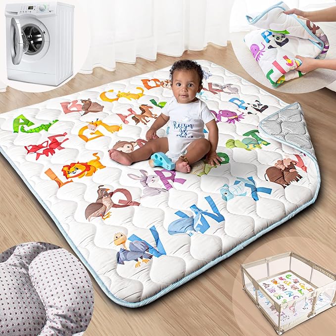 Baby Play Mat, 50x50 Playpen Mat with Super Soft Touch, Activity Mats with Upgraded Anti-Slip Bottom, Machine Washable Crawling Mats for Floor & Picnic (Animal Alphabets)-CubbioJoy
