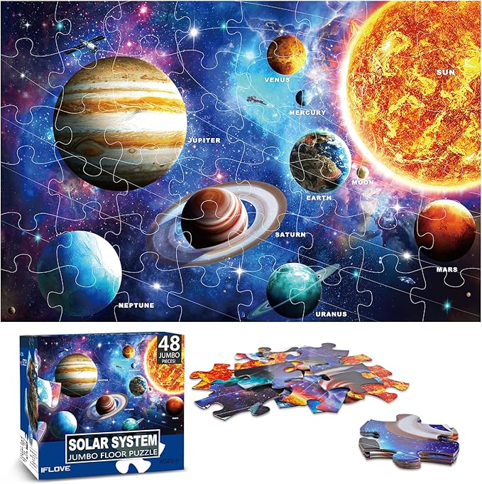 Jumbo Floor Puzzle for Kids Ages 4-8,Solar System Jigsaw Puzzles,48 Piece Space Large Puzzles for Toddler Ages 3-5,Preschool Learning Planets Toys Christmas Birthday Gift for Boys Girls-CubbioJoy