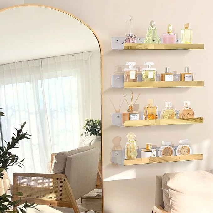 2 Pack 24 Inch Gold Reflective Acrylic Shelves, Gold Foating Shelves, Modern Sunglasses Essential Oil Picture Ledge Display Toy Storage Shelf-CubbioJoy