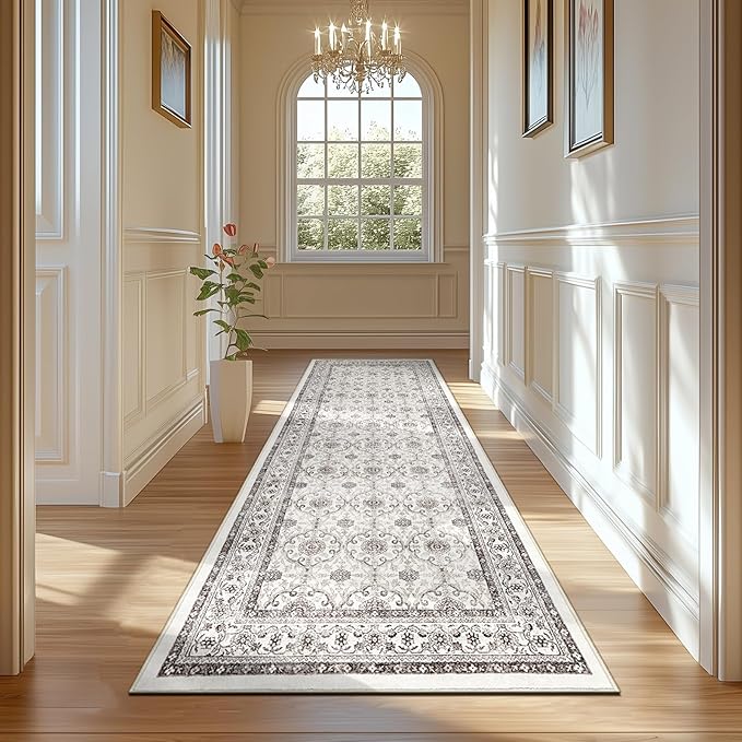 jinchan Hallway Runner Rug 2x8 - Machine Washable Beige Vintage Floral Distressed Design Soft Non-Slip Low-Pile Ultra-Thin Runner Rug for Kitchen Laundry Room Bedroom Farmhouse (2‘x8',Beige)-CubbioJoy
