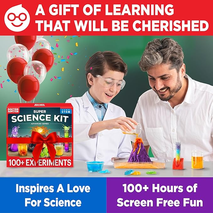 Doctor Jupiter Super Science Kit for Kids Ages 8-12 | Chemistry Set, STEM Toy with 100+ Experiments & Geyser Tube | Birthday Gift Ideas for Boys & Girls 8+ Years Old | Learning & Educational Projects-CubbioJoy