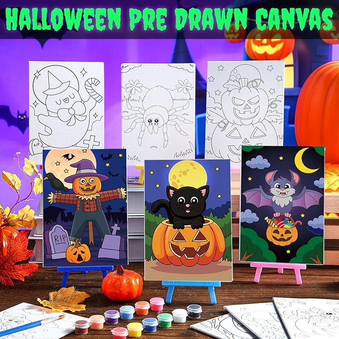 Blosssound 10 Set Pre Printed Canvas Pre Drawn Canvas Painting with Easel Kits 5" x 7" Outline Painting Panels for Beginners, DIY Craft Project, Party Favor, Home Decors(Spider)-CubbioJoy