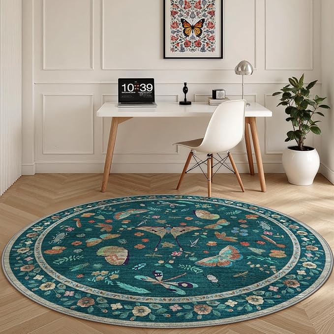 4ft Washable Round Rug - Bug Rugs for Living Room Non-Slip Low Pile Soft Ultra-Thin Machine Washable Circle Carpet for Bedroom, Entryway, Nursery, Kitchen, Home Office (4' Round Teal)-CubbioJoy