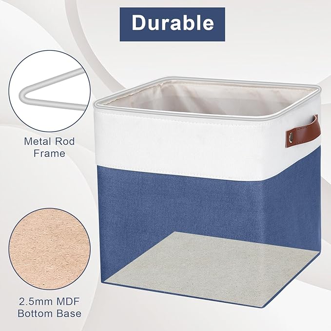 Collapsible Fabric Storage Cubes 11x11 Cube Storage Bins, 4 Pack Closet Baskets Box with Handles for Organizing, Shelf, Toys, Clothes, Home, Office, Nursery (Navyblue&White)-CubbioJoy