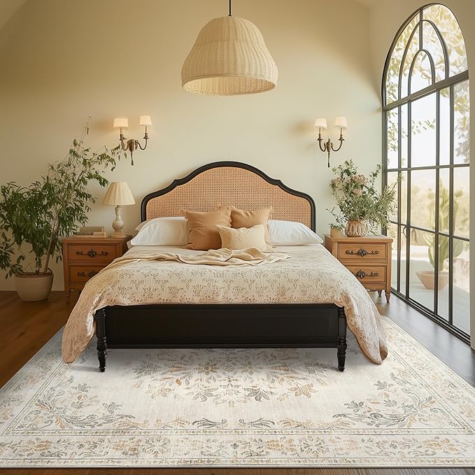 jinchan Vintage Floral 6x9 Area Rugs for Living Room - Machine Washable Distressed Design Soft Throw Rug Ultra-Thin Non-Slip Large Carpet for Bedroom Nursery Dining Room Home Office (6x9ft,Light Grey)-CubbioJoy