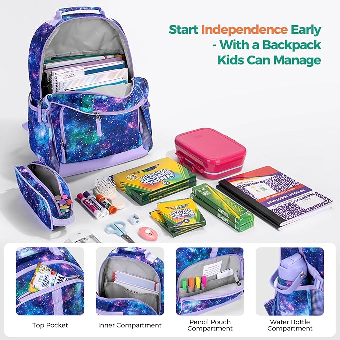 Choco Mocha Unicorn Backpack for Girls, Elementary School Backpack for Girls Ages 6-8 Kids Kindergarten Backpack Bookbag 17 Inch with Chest Strap, Planet Purple-CubbioJoy