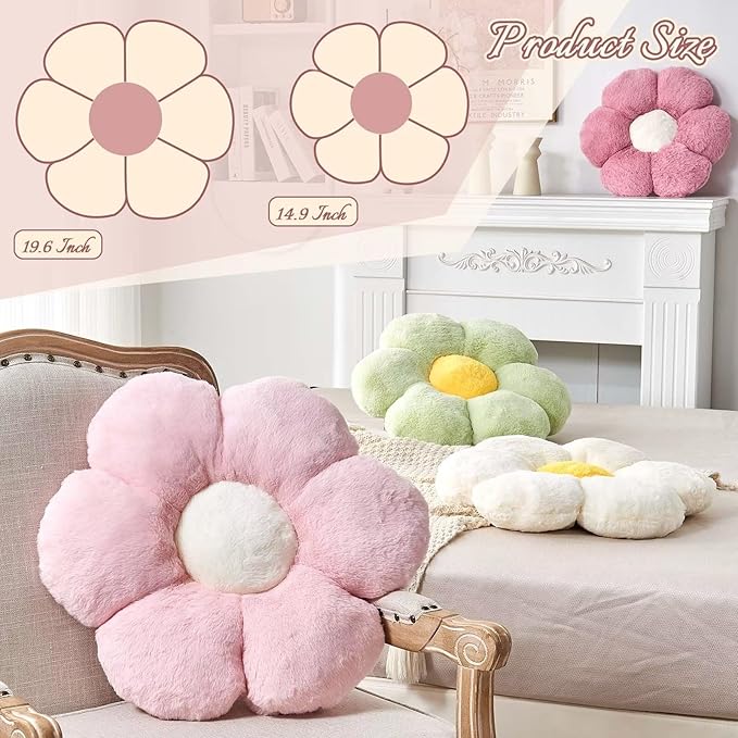Beige Flower Pillow, Cute Decorative Flower Shaped Throw Pillow with Faux Rabbit Fur, 14.9" Soft Flower Plush Throw Pillow Floor Pillows Room Décor for Bedroom Living Room-CubbioJoy