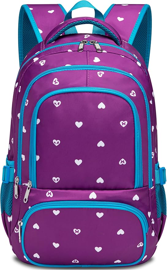 BLUEFAIRY Kids Backpack for Girls Primary Elementary School Bag Bookbag for Childs Book Bag Mochilas Escolares para Niñas de 4-6 Back to School Cute Gifts 17" Heart Print/Purple-CubbioJoy