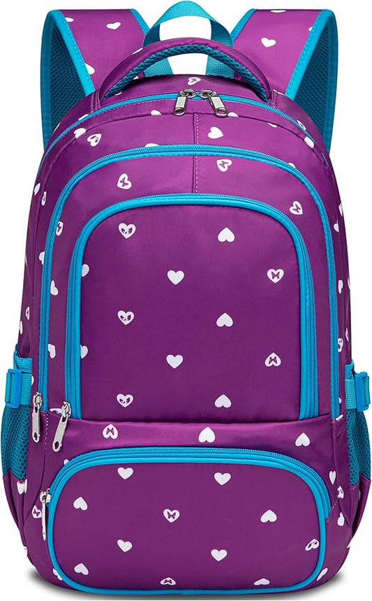 BLUEFAIRY Kids Backpack for Girls Primary Elementary School Bag Bookbag for Childs Book Bag Mochilas Escolares para Niñas de 4-6 Back to School Cute Gifts 17" Heart Print/Purple-CubbioJoy
