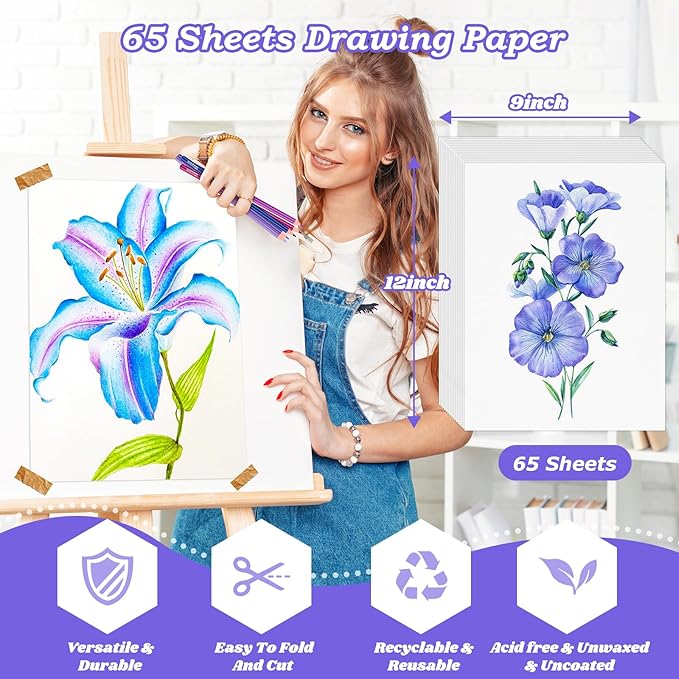 Drawing Paper, 9" x 12" Craft Art Paper, 65 Sheets (68lb/100gsm) Artist Sketching Drawing Easel Poster Paper Bulk, Art Supplies for Kids Adults, Arts & Crafts, White Construction Coloring-CubbioJoy