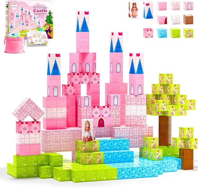 64 Pcs Magnetic Blocks-Princess Castle Collection World,Magnetic Building Blocks for 3+ Year Old Boys & Girls, Creative STEM Sensory Toys,Christmas Birthday Gifts for Kids Ages 3-8-CubbioJoy