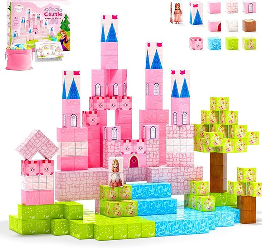 64 Pcs Magnetic Blocks-Princess Castle Collection World,Magnetic Building Blocks for 3+ Year Old Boys & Girls, Creative STEM Sensory Toys,Christmas Birthday Gifts for Kids Ages 3-8-CubbioJoy