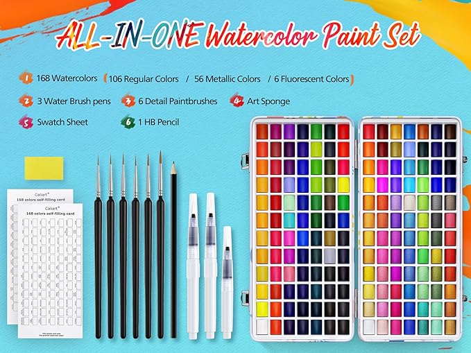 168 Colors Watercolor Paint Set with 4 Brushes, Portable Travel Water Color Kit with Carrying Case, Palette and Accessories, Non-Toxic Art Supplies Gift for Artists Adult Teen Kids Girls-CubbioJoy