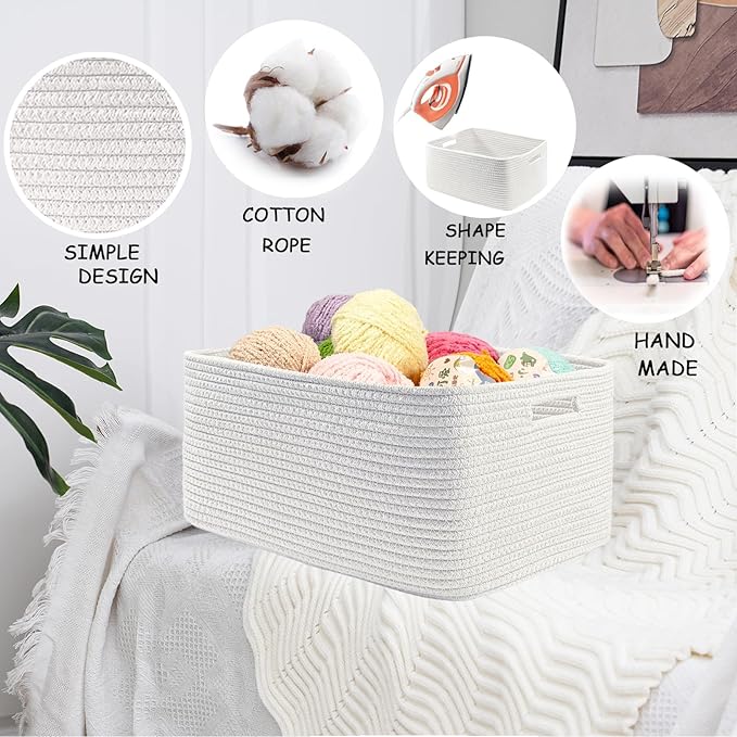 COMFY-HOMI Cotton Rope Woven Basket with Handles for Shelves,Toys,Book, Cloth Storage Baskets for Organizing-17" x 13" x 7.5" Toy Decorative Organizer for Living Room, Bathroom （All White）-CubbioJoy