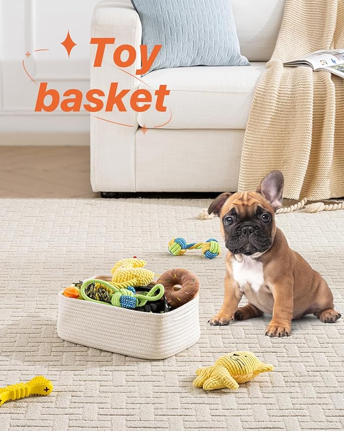 KALLAX Small Woven Basket, 12 x 8 x 4.5 Inches, Storage Basket for Organizing, Cute Small Rope Shelf Closet Cube Storage Bins Baskets for Shelves, Dog Toy Gift Baskets Empty, 3 Packs, Off White-CubbioJoy