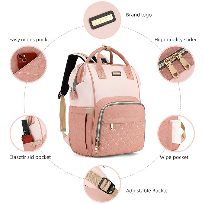 Diaper Bag Backpack, Diaper Bags for Baby Girls Boys, Baby Bags for Moms Dads, Nappy Changing Bag with Insulated Pockets,Multi-functional Waterproof Backpack with Stroller straps -Pink light pink-CubbioJoy