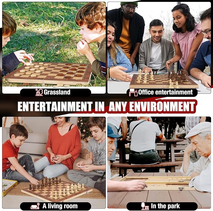 Chess Checkers Backgammon 3-in-1 Board Games Sets, Wooden Chess Set for Adults & Kids, 17.2" Lightweight Checkers Board Game,Strategy Backgammon Sets for Adults, Travel Chess Board Game Pieces Storage-CubbioJoy