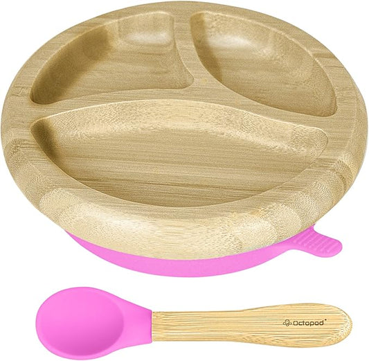 Abiie Octopod Bamboo Dish - Kids Plates for 4 months and up, 3-Compartment Baby Plates with Suction, Round Bamboo Baby Plate, Mess-Free Toddler Suction Plates, Baby Feeding Supplies, 7.5 x 7.5 x 1.9in-CubbioJoy