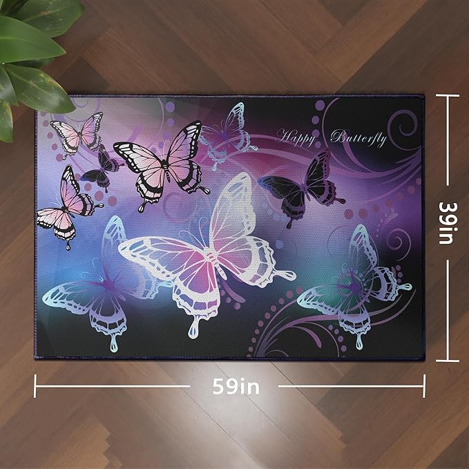 Beautiful Butterfly Fantasy Rug for Playroom Girls Bedroom Colorful Rainbow Butterfly Decor Area Carpet 59"x39" Purple Mat 3D Printed Non-Slip Washable-CubbioJoy