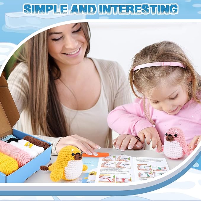 Crochet Kit for Beginners - Seal Crochet Kits with Step-by-Step Video Tutorials, Beginner Crochet Kit for Adults Kids, Crochet Animal Kit, 2 PCS Seals with a Fish Crocheting Set-CubbioJoy