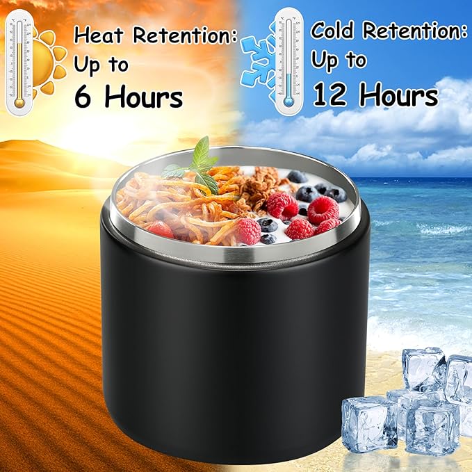 19oz Insulated Vacuum Food Jar with Buckle Lid Wide Mouth Soup Thermo for Hot Food Kids Leakproof Stainless Steel Lunch Container- Black-1Pack-CubbioJoy