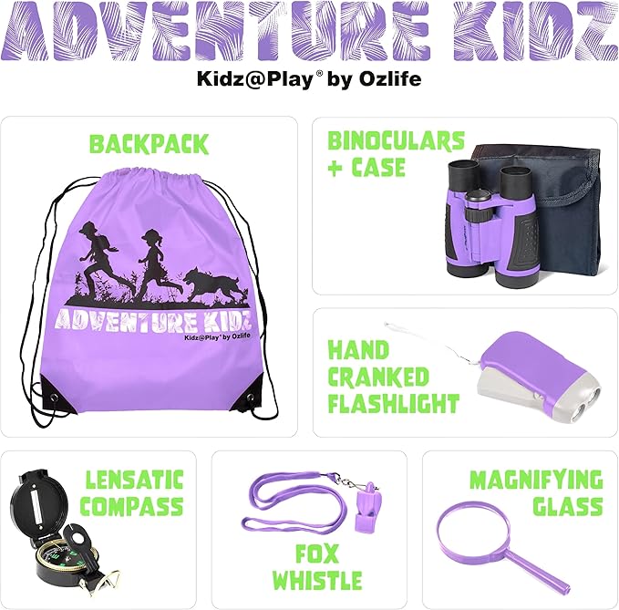 Adventure Kidz - Outdoor Exploration Kit, Children’s Toy Binoculars with Case, Flashlight, Compass, Fox Whistle, Magnifying Glass, Backpack. Great Kids Set for Camping, Hiking, STEM, Pretend Play.-CubbioJoy