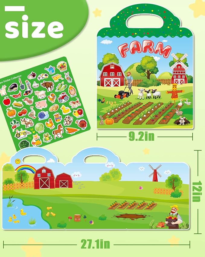 Benresive Reusable Sticker Book for Toddlers 2-4 Years, Fun Travel Stickers for Kids, Waterproof Sticker Books for Toddlers 1-3, Crafts Activities for Todddlers 1-3 2-4 3-5 - Farm-CubbioJoy