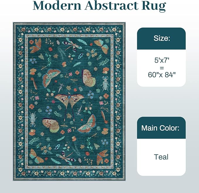 5x7 Washable Area Rug with Insect Print - Bug Rug Non-Shedding Stain Resistant Soft Carpet for Bedroom, Low Pile Ultra-Thin Machine Washable Carpet for Dining Room, Kids Nursery, Office (5'x7' Teal)-CubbioJoy