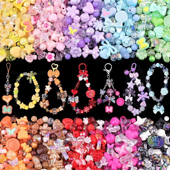 Assorted 500PCS 10 Colors Mixed Acrylic Beads for Bracelet Making, Flower Bow Butterfly GummyBear Aesthetic Bracelet Charms,Cute Beads for Jewelry Making DIY Necklace Keychain Phone Charm-CubbioJoy