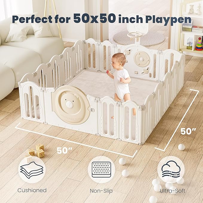 ACOMOPACK Baby Play Mat for Floor 1.3" Thick Memory Foam 50x50 Soft Velvet Playpen Mat for Kids,Infants,Toddlers,Tummy Time Crawling Mats with Non-Slip Bottom,Yoga,Tatami,Nursery Rug（Beige）-CubbioJoy
