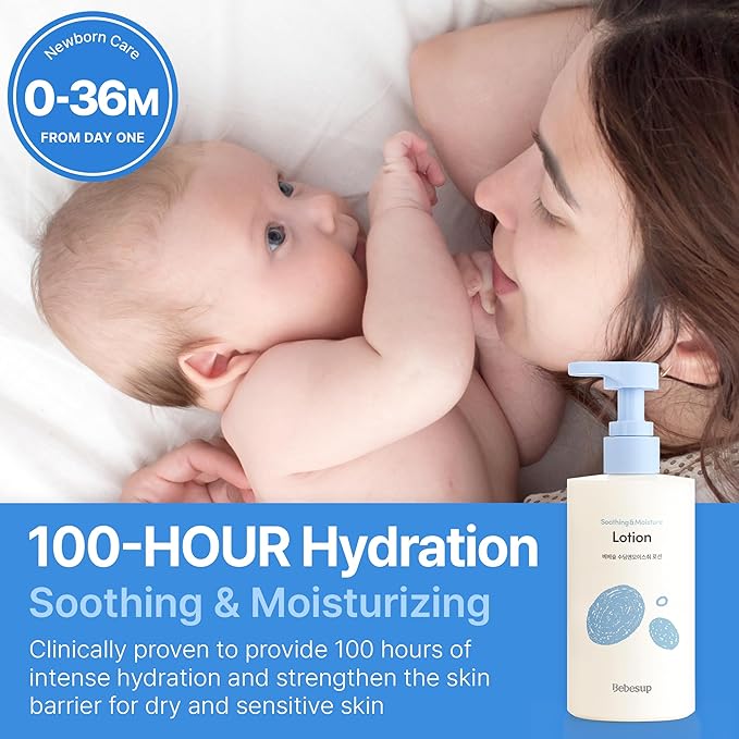 BEBESUP- 베베숲 Daily Hydration Baby Lotion | Korean Skincare for Sensitive & Atopic Skin 100-Hour Hydration Organic Rice & Ceramide Formula Hypoallergenic Fast Absorbing 10.14 fl. oz-CubbioJoy