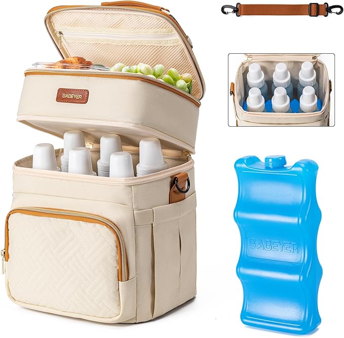 Insulated Breastmilk Cooler Bag with Ice Pack - Holds 6x9oz Bottles, Leakproof Double Layer, Baby Bottle Cooler Bag with Adjustable Strap for Nursing Moms, Daycare & Travel-CubbioJoy