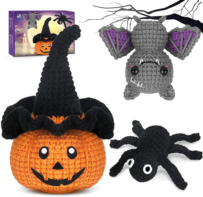 Crochetta Crochet Kit for Beginners, Halloween Decorations, Pumpkin Spider Bat Crochet Animal Kit for Adults and Kids with Step-by-Step Video Tutorials, DIY Knitting(40%+ Yarn)-CubbioJoy