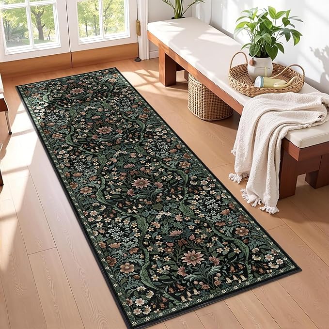2x6 Washable Runner Rug,Black Floral Boho Area Rug for Hallway,Low-Pile Non-Slip Stain Resistant Carpet for Kitchen, Bedside,Laundry Room,Entryway-CubbioJoy