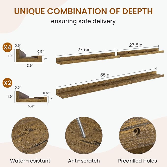 Axeman Picture Ledge Shelf, Floating Shelves for Wall Decor Set of 6, 55 inch Floating Wall Mounted Shelves, Shelves with Lip for Living Room, Bedroom, Nursery, Bathroom, Kitchen, Rustic Brown-CubbioJoy