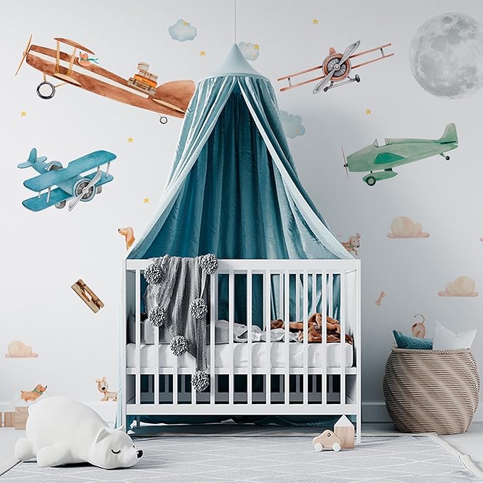 Airplane Wall Decals by Lipastick - 47-Piece Watercolor Vintage Plane Stickers for Kids, Boys Room, Baby Nursery, Toddler Bedroom Decor - Premium Vinyl Aircraft Art - L Size-CubbioJoy