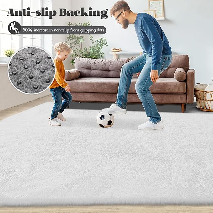 6x9 Area Rug for Living Room: Fluffy Shag Soft Washable Rugs Large Fuzzy Plush Indoor Carpet for Bedroom Nursery Playroom Kids Girls Boys Room (White, 6'x9')-CubbioJoy