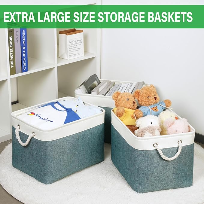 Bidtakay Large Storage Baskets for Shelves 3 Pack Fabric Storage Bins for Organizing Linen Collapsible Organizer for Closet-Deep Green-CubbioJoy