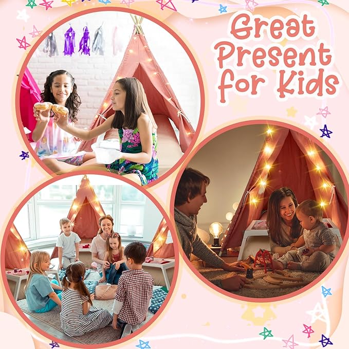 2 Pack Kids Teepee Tent with Mattress,Fitted Sheet,Light String,Washable Natural Cotton Toddler Play Tent for Girls Boys Indoor Outdoor Sleepover Slumber Birthday Party(Pink)-CubbioJoy