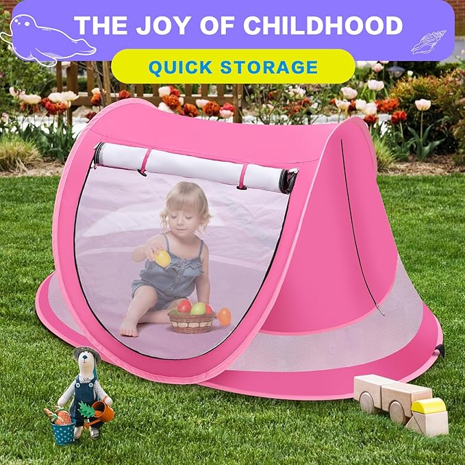 Baby Beach Tent with Baby Hat, Pop Up Toddler Travel Bed with Sun Hat for Boys or Girls, Sun Shade for Toddler Camping, Infant Portable Sun Shade, Summer Beach Baby-CubbioJoy